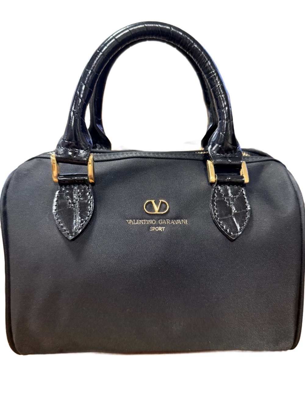 Valentino Garavani Sport Black Nylon & Croc Top-Handle Mini Boston Satchel